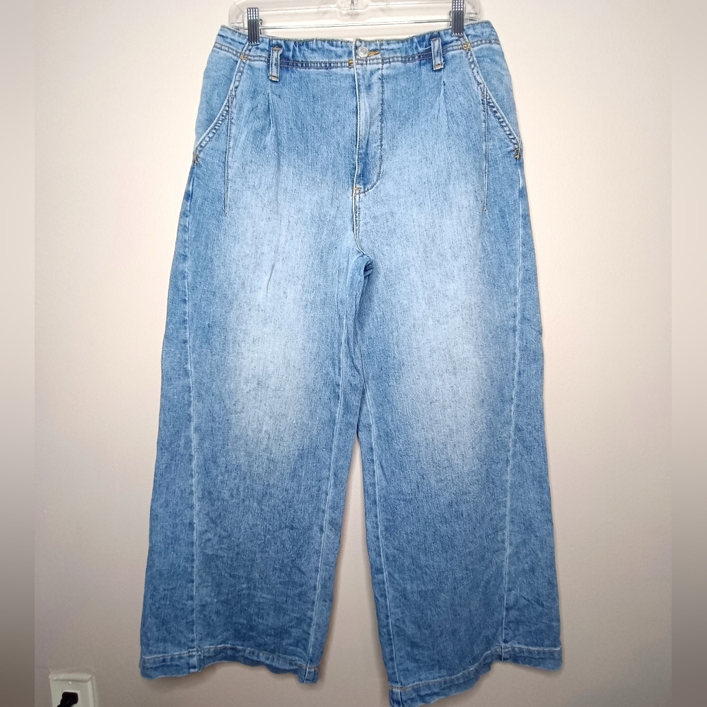 Pilcro High Rise Pleated Wide Leg Trouser Jean Blue Anthropologie Size 28